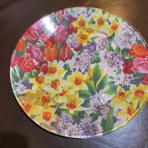 Handcrafted vintage floral plate 8” beautiful bright floral decoupage cloth